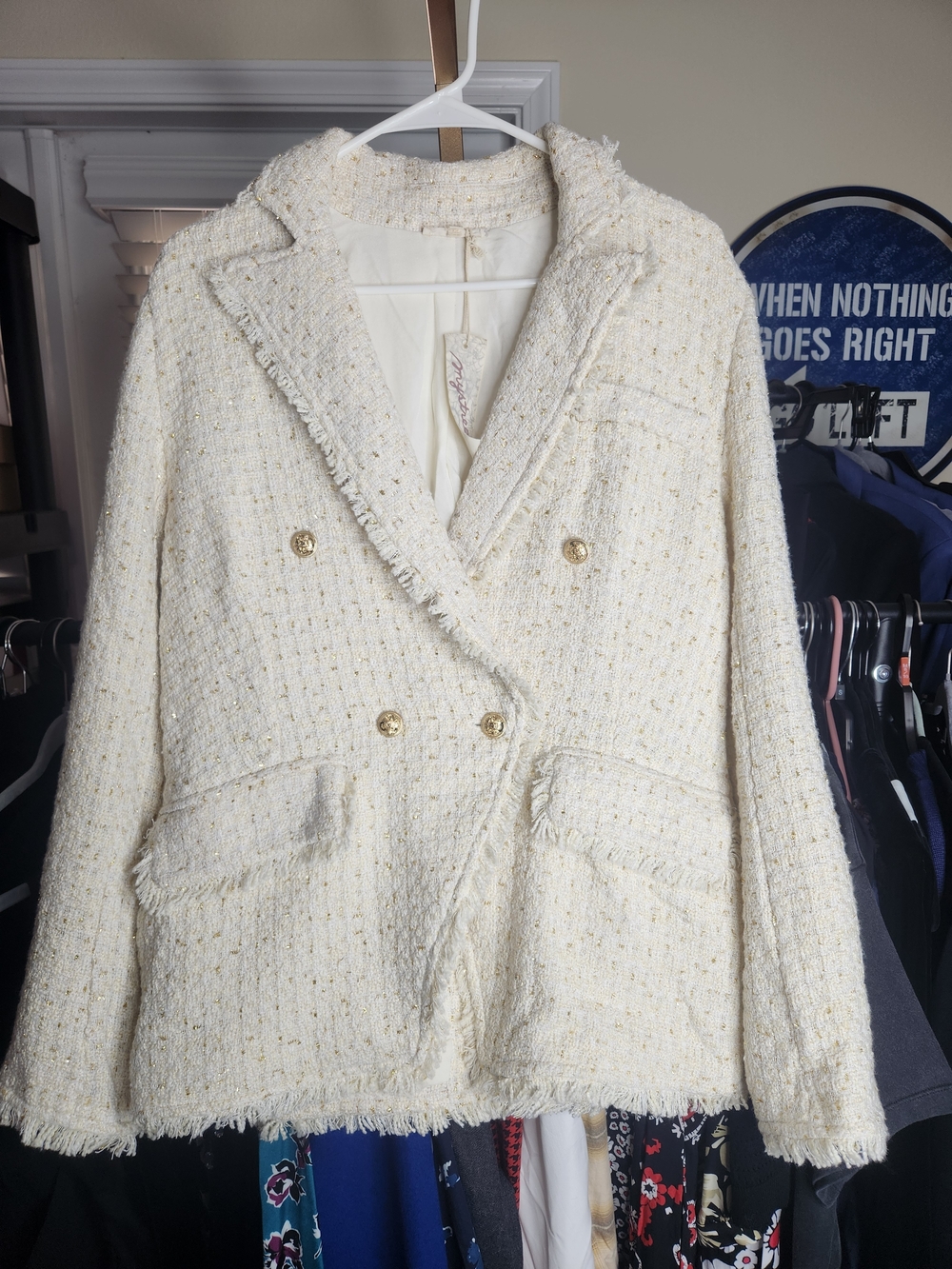 Mystree Cream Tweed Double-Breasted Blazer with Gold Buttons